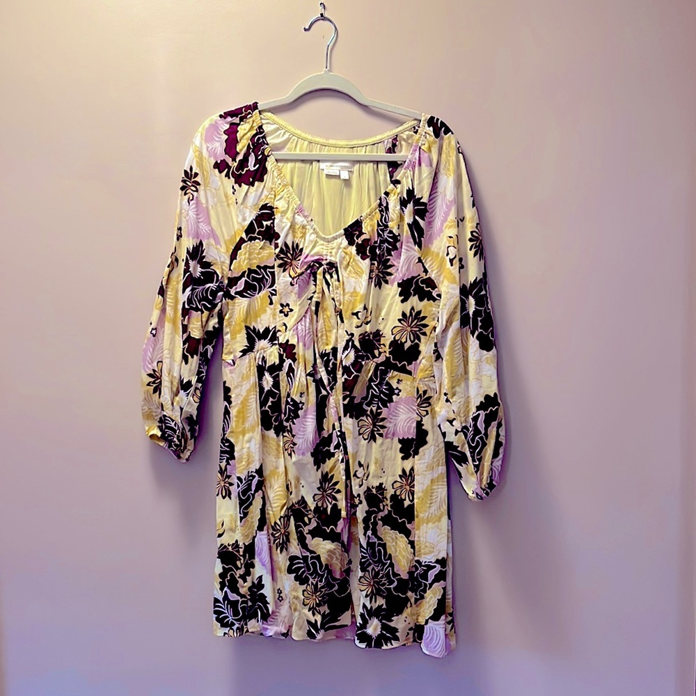 Anthropologie Sz Lg Fun 100% Cotton Lined Maroon, Yellow and Purple Floral Dress